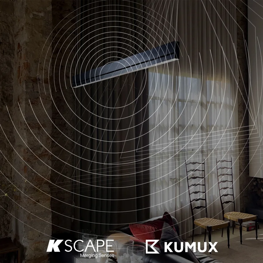 A KSCAPE linear fixture with concentric sound waves radiating from it