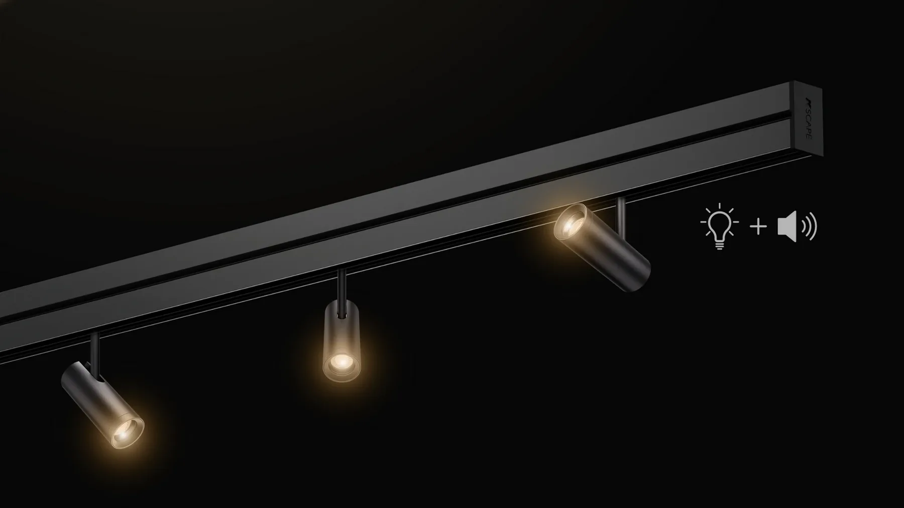 KSCAPE Rail S Track — three warm spotlights on a black extrusion
